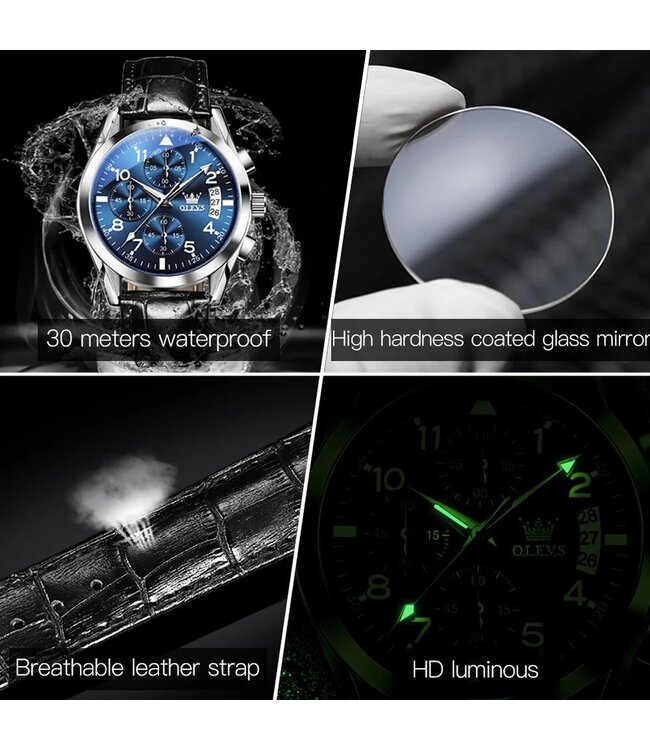 Olevs Luxe herenhorloge  Blauw - Gratis Armband bij elke bestelling (twv €29,95)