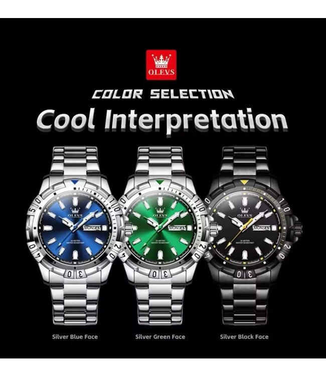 Olevs Luxe Herenhorloge Zilver  Groen - Gratis Armband bij elke bestelling (twv €29,95)