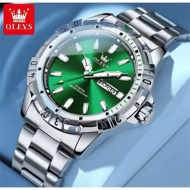 Olevs Luxe Herenhorloge Zilver (Groen/Blauw)