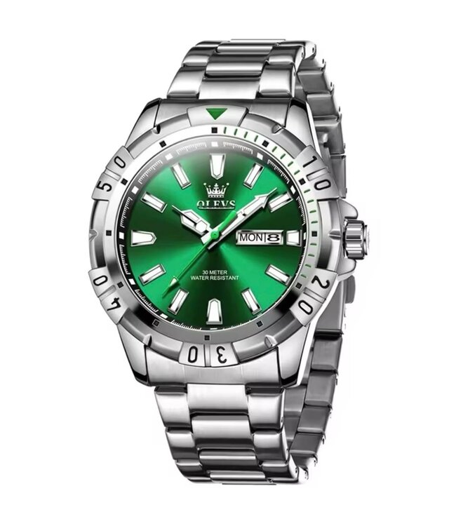 Olevs Luxe Herenhorloge Zilver  Groen - Gratis Armband bij elke bestelling (twv €29,95)