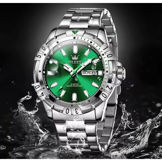 Olevs Luxe Herenhorloge Zilver (Groen/Blauw)