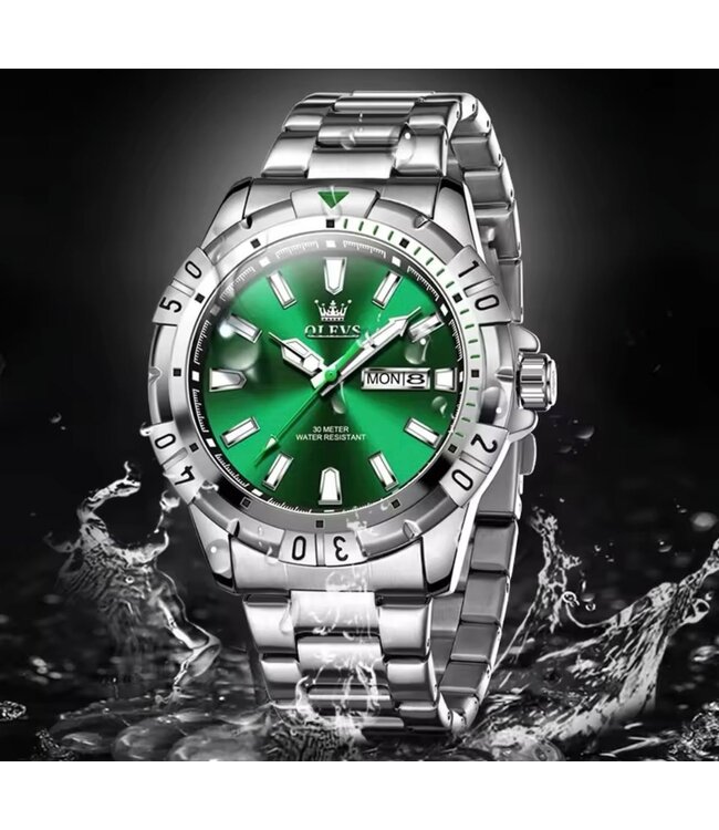 Olevs Luxe Herenhorloge Zilver  Groen - Gratis Armband bij elke bestelling (twv €29,95)