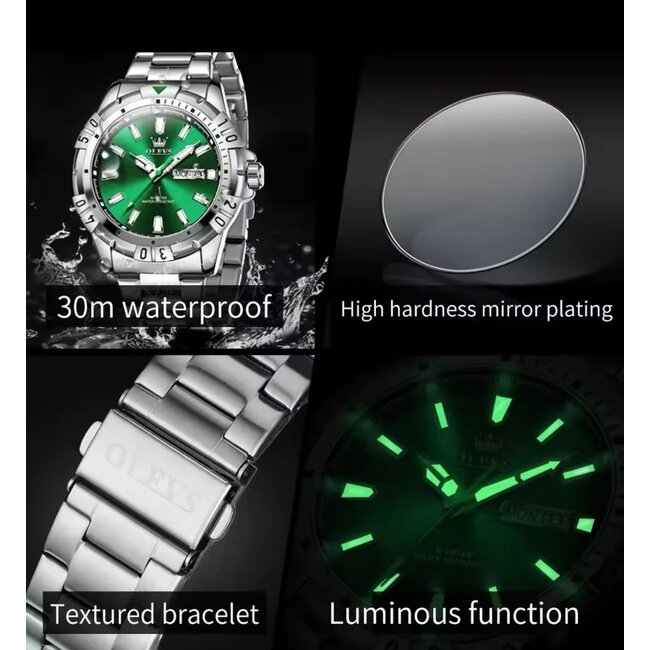 Olevs Luxe Herenhorloge Zilver (Groen/Blauw)