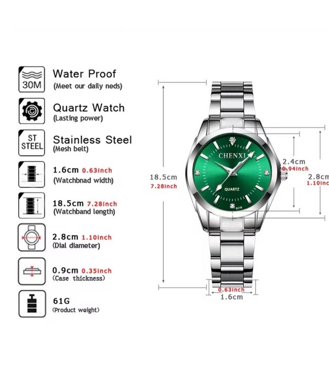 Chenxi Vrouwenhorloge Zilver en Groen RVS - Gratis Armband bij elke bestelling (twv €29,95)