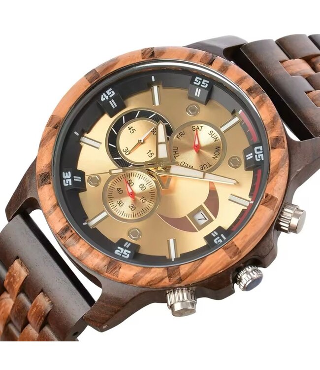 Houten Horloge Luxe Herenhorloge  Donkerbruin Goud