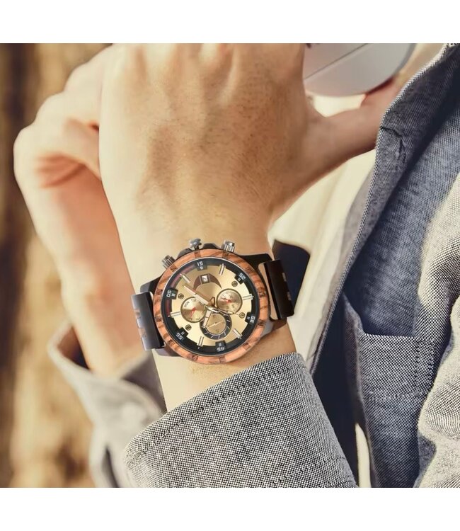 Houten Horloge Luxe Herenhorloge  Donkerbruin Goud
