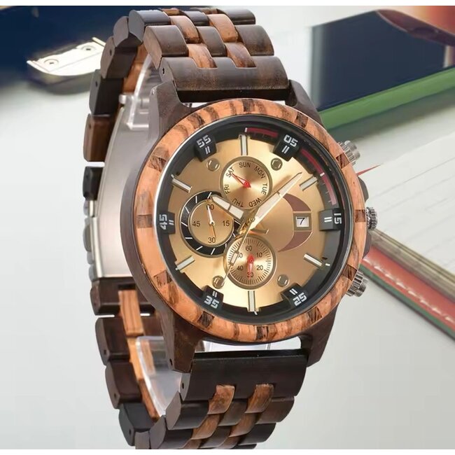 Houten Horloge Luxe Herenhorloge  Donkerbruin Goud