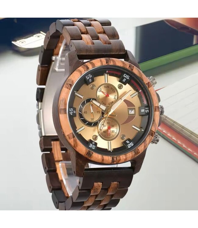 Houten Horloge Luxe Herenhorloge  Donkerbruin Goud