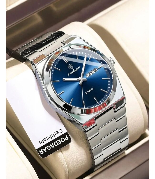 Poedagar Luxe Dameshorloge Zilver  Blauw