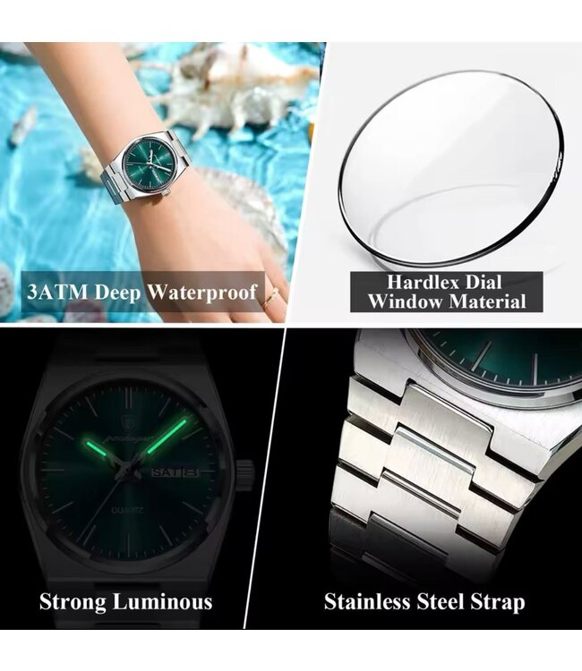 Poedagar Luxe Dameshorloge Zilver  Groen - Gratis Armband bij elke bestelling (twv €29,95)