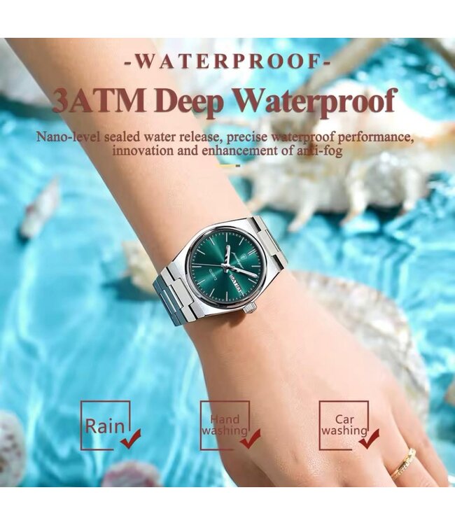 Poedagar Luxe Dameshorloge Zilver  Groen - Gratis Armband bij elke bestelling (twv €29,95)