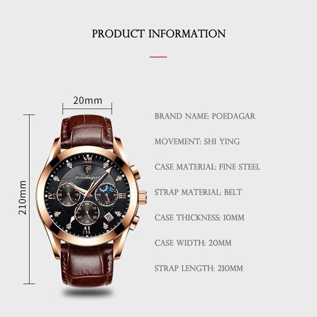 Poedagar Luxe Herenhorloge Rosé  Zwart