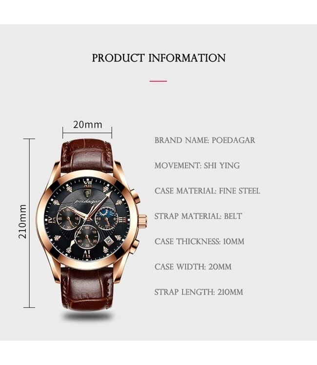 Poedagar Luxe Herenhorloge Rosé  Zwart