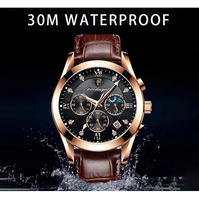 Poedagar Luxe Herenhorloge Rosé  Zwart