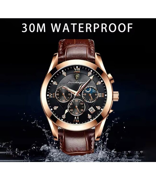 Poedagar Luxe Herenhorloge Rosé  Zwart