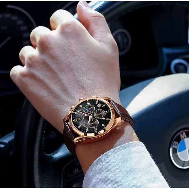 Poedagar Luxe Herenhorloge Rosé  Zwart