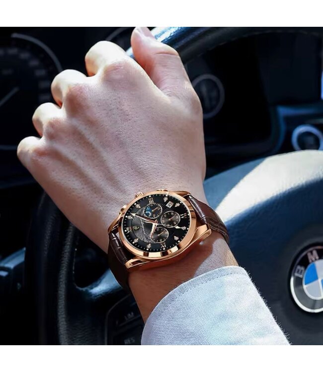 Poedagar Luxe Herenhorloge Rosé  Zwart