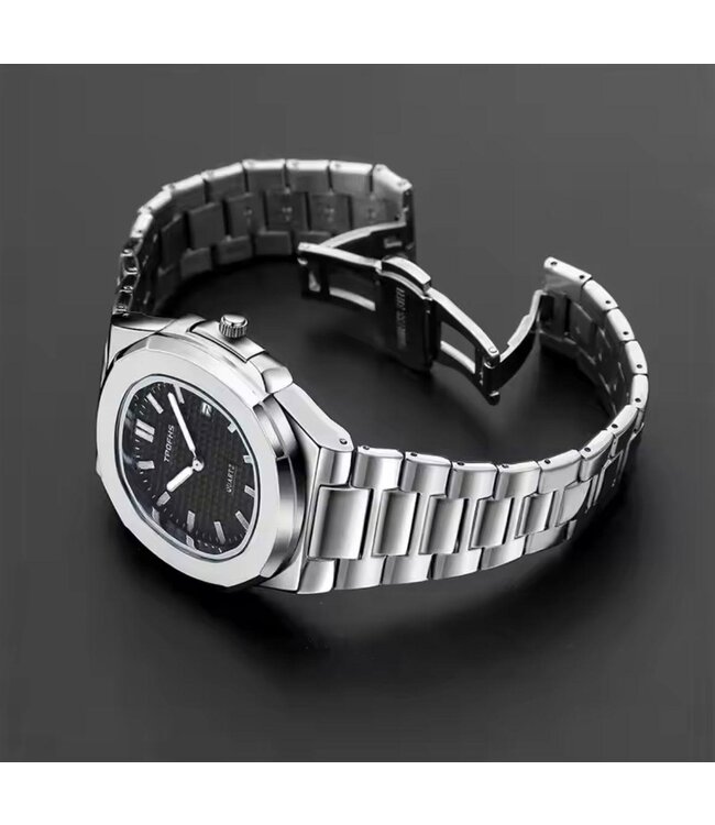 Tpofhs Luxe Herenhorloge Zilver Zwart - Gratis Armband bij elke bestelling (twv €29,95)