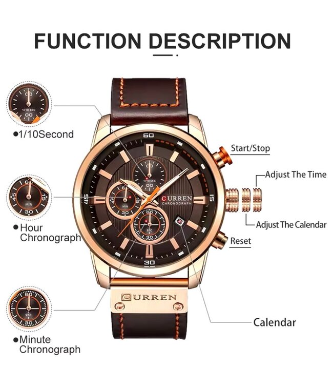 Curren Luxe Herenhorloge    Rosé  Zwart - Gratis Armband bij elke bestelling (twv €29,95)