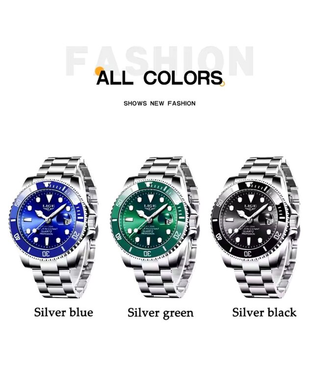 Lige Luxe HerenHorloge        Zilver  Blauw