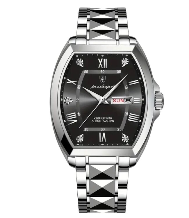 Poedagar Luxe Herenhorloge Zilver  Zwart - Gratis Armband bij elke bestelling (twv €29,95)