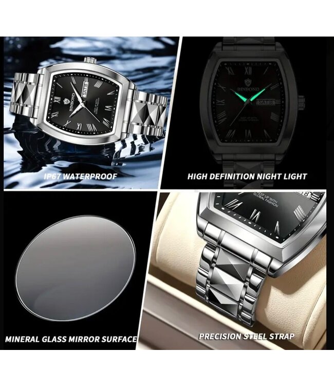 Poedagar Luxe Herenhorloge Zilver  Zwart