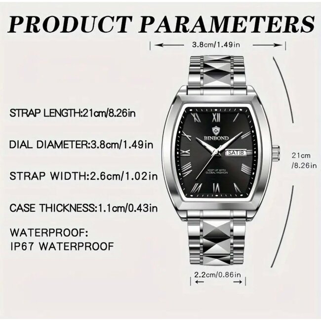 Poedagar Luxe Herenhorloge Zilver  Zwart