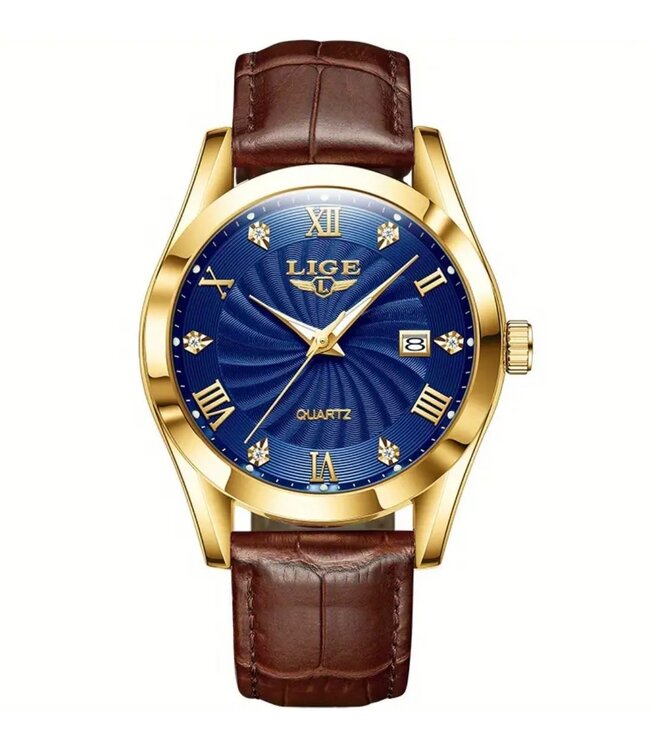 Lige luxe Herenhorloge          Goud  Blauw  - Gratis Armband bij elke bestelling (twv €29,95)