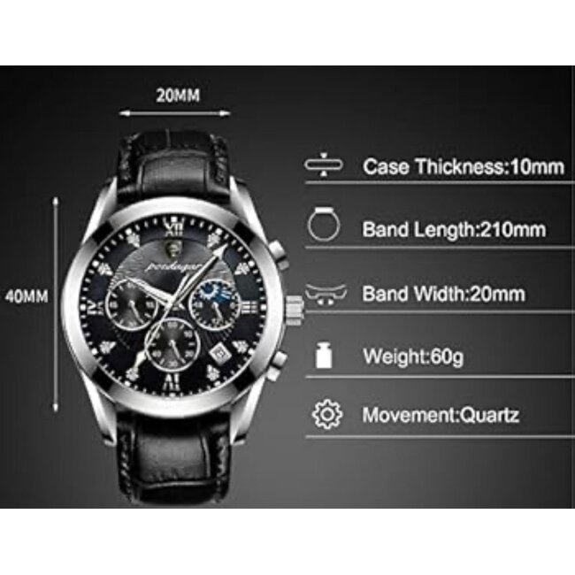 Poedagar Nocturne – herenhorloge met leren band en chronograaf design