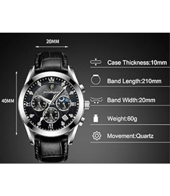 Poedagar Luxe Herenhorloge Zilver  Blauw