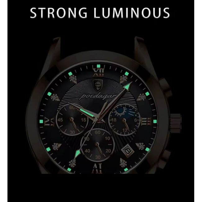 Poedagar Nocturne – herenhorloge met leren band en chronograaf design