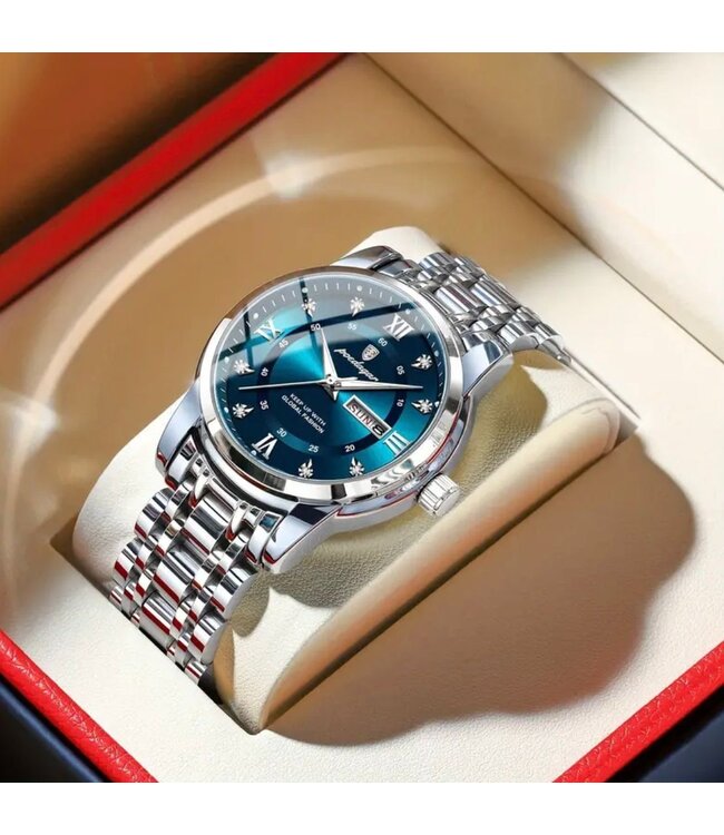 Poedagar Luxe HerenHorloge Zilver  Blauw & Groen