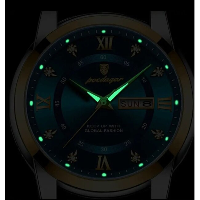Poedagar Luxe HerenHorloge Zilver  Blauw & Groen
