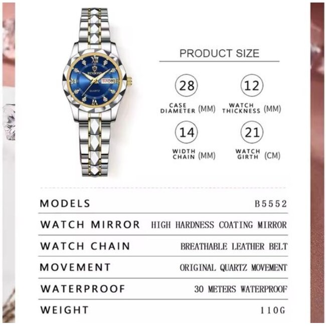 binbond Luxe Dameshorloge Zilver  Blauw