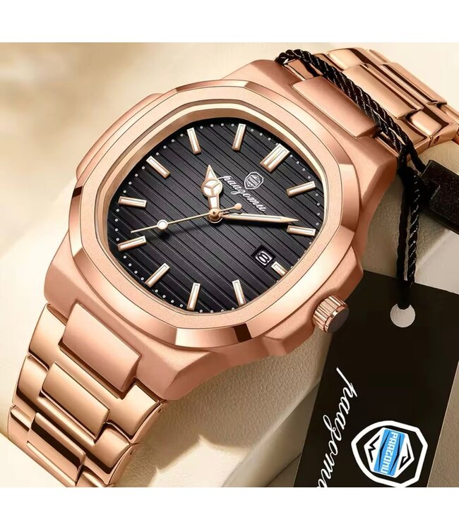 Poedagar Luxe Herenhorloge Rosé  Zwart - Gratis Armband bij elke bestelling (twv €29,95)