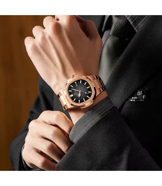 Poedagar Luxe Herenhorloge Rosé  Zwart - Gratis Armband bij elke bestelling (twv €29,95)