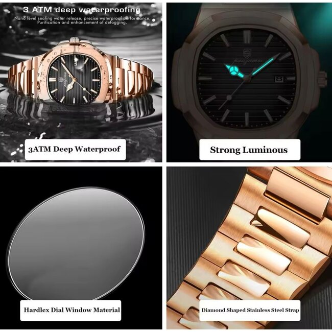 Poedagar Luxe Herenhorloge Rosé  Zwart