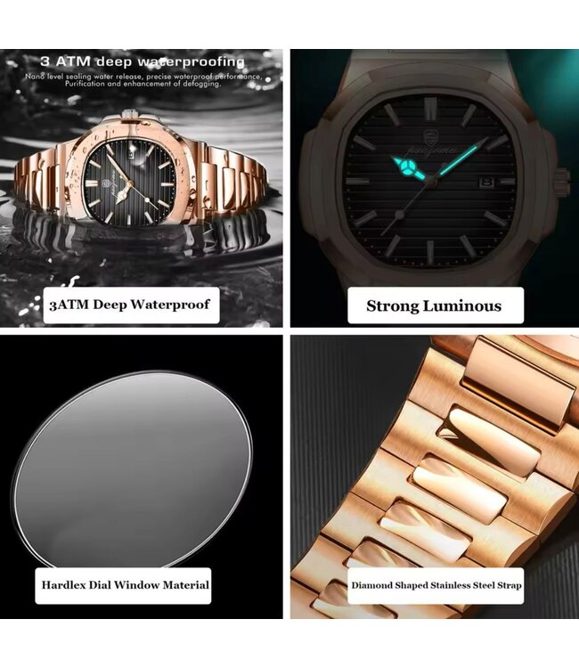 Poedagar Luxe Herenhorloge Rosé  Zwart - Gratis Armband bij elke bestelling (twv €29,95)