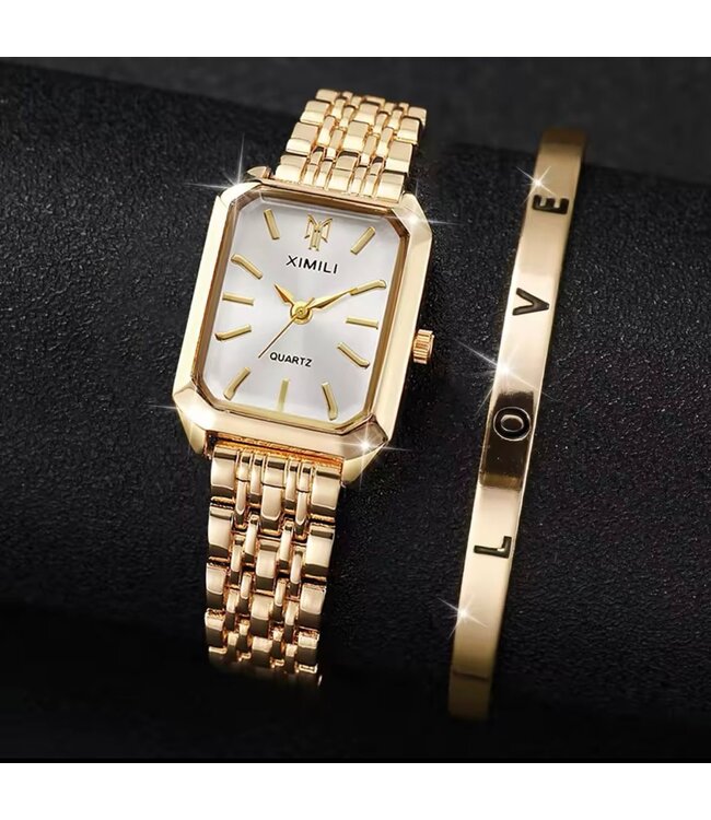 Ximili Dameshorloge met Armband - Goud & Parelmoer Wit