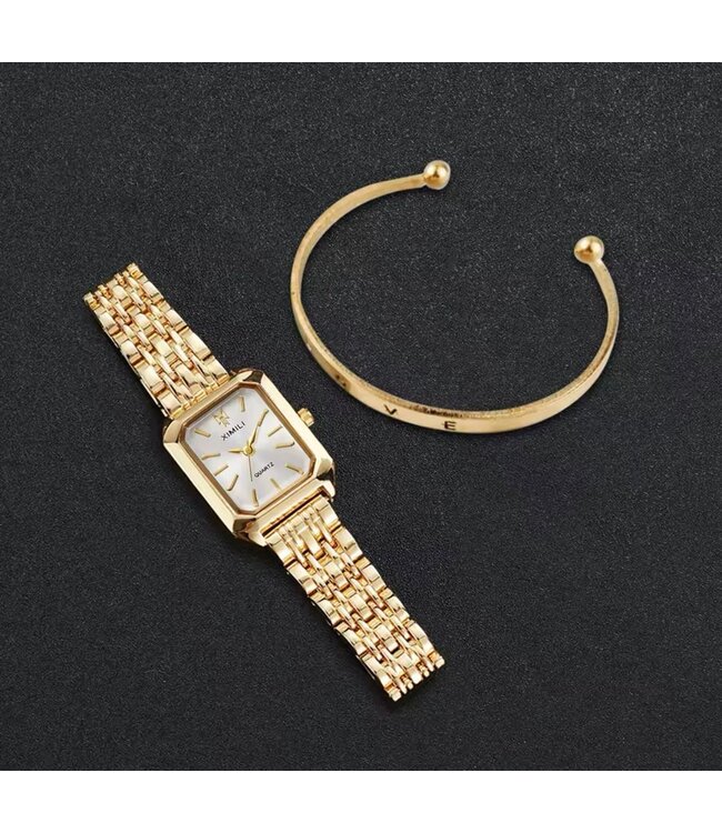 Ximili Dameshorloge met Armband - Goud & Parelmoer Wit