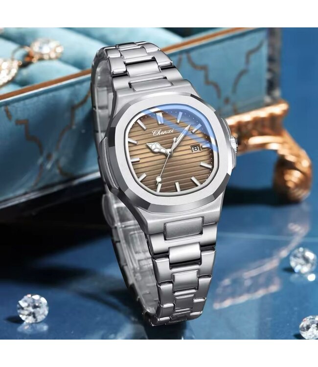 Chenxi Luxe Dameshorloge  Zilver  Bruin - Gratis Armband bij elke bestelling (twv €29,95)