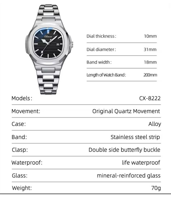 Chenxi Luxe Dameshorloge  Zilver  Lichtblauw