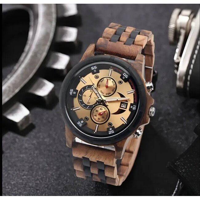 Houten Horloge Luxe Herenhorloge Lichtbruin Goud