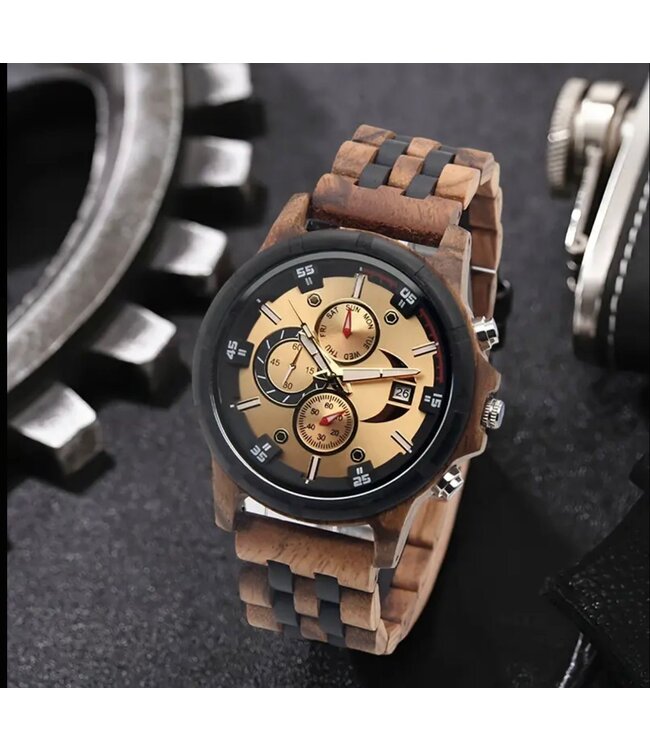 Houten Horloge Luxe Herenhorloge Lichtbruin Goud