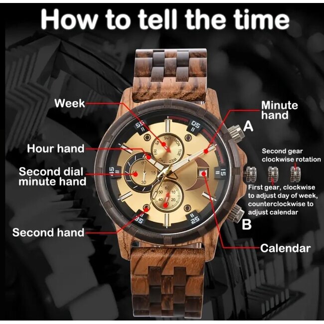 Houten Horloge Luxe Herenhorloge Lichtbruin Goud