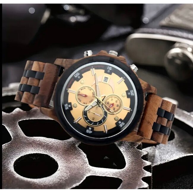 Houten Horloge Luxe Herenhorloge Lichtbruin Goud