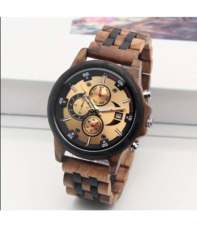 Houten Horloge Luxe Herenhorloge Lichtbruin Goud