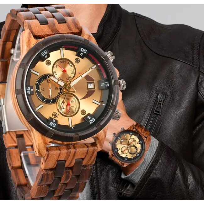 Houten Horloge Luxe Herenhorloge Lichtbruin Goud