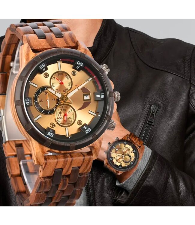 Houten Horloge Luxe Herenhorloge Lichtbruin Goud