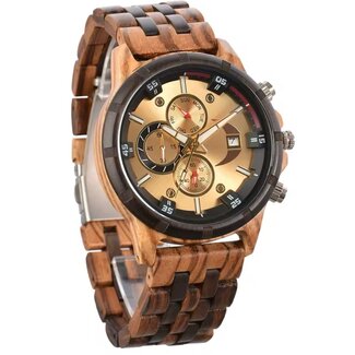 Houten Horloge Luxe Herenhorloge Lichtbruin Goud